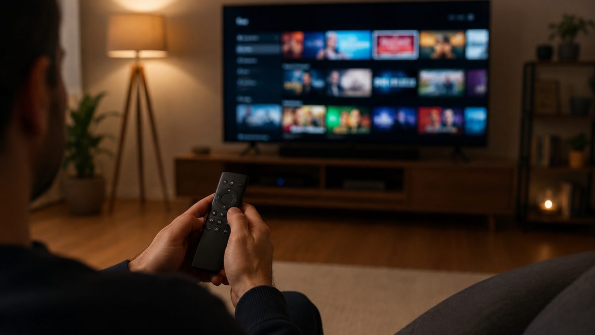 Person setting up an IPTV player on a Fire TV Stick with the remote in hand