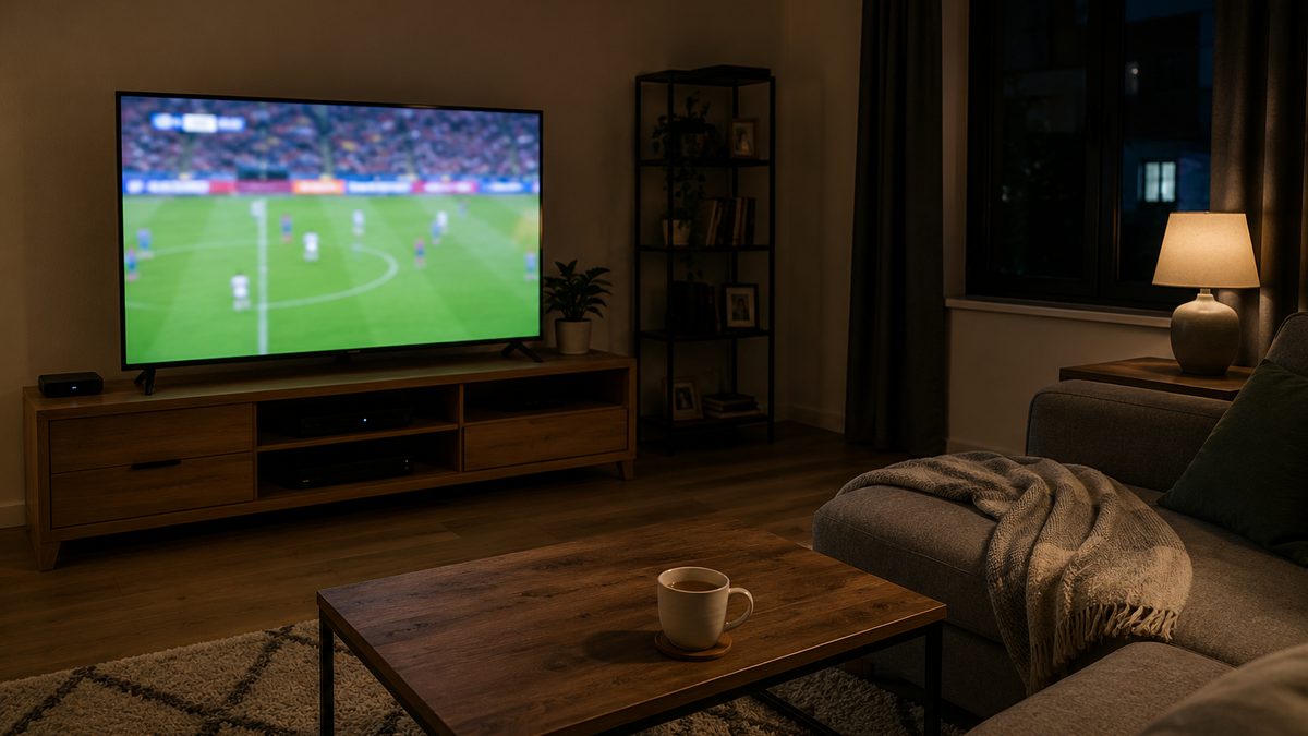 Living room at night with a large television showing live sport, sofa and coffee table in soft light