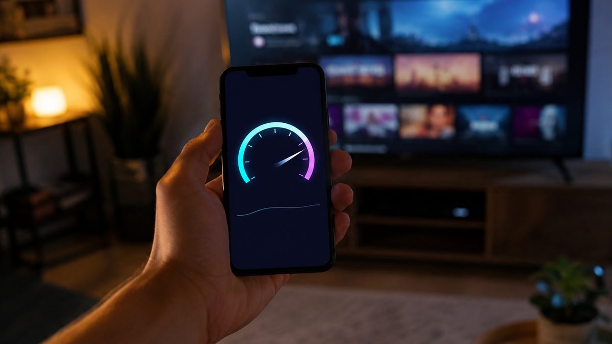 Smartphone displaying an internet speed test result held in front of a television