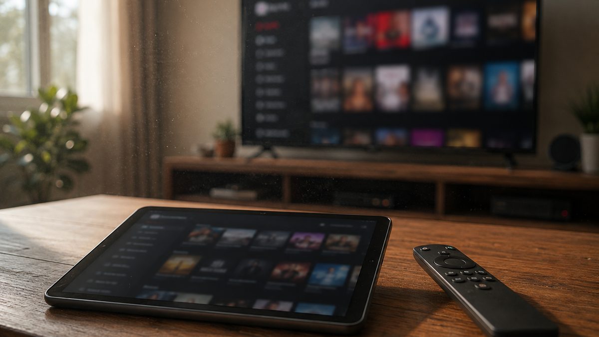 Television showing an IPTV player interface next to a tablet and remote