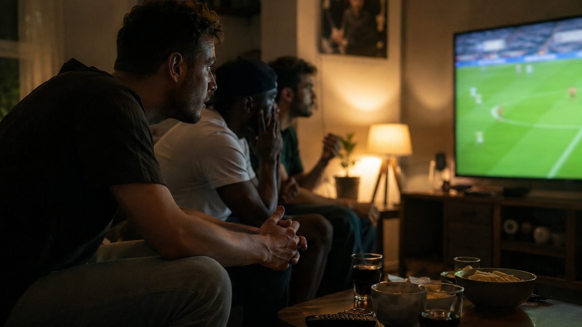 Friends watching a live football match on a large television